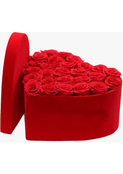 Kırmızı Kadife Kalpli Kutuda Kadife Güller