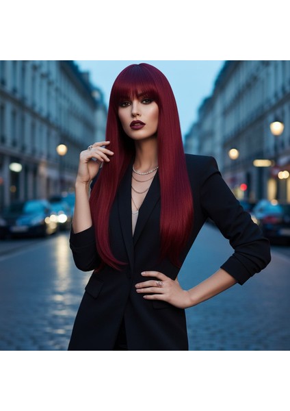Düz Perçemli Uzun Fiber Sentetik Peruk / Kızıl