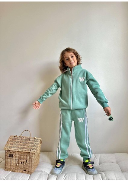Erkek Çocuk W Şeritli Fermuarlı Sweatshirt Kışlık Takım