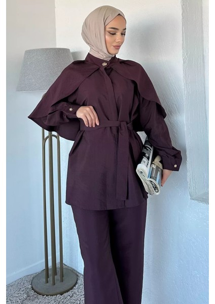 Pelerinli Broş Detaylı Kuşaklı Tunik Bel Lastikli Pantolon Tesettür Ikili Takım P-00018879
