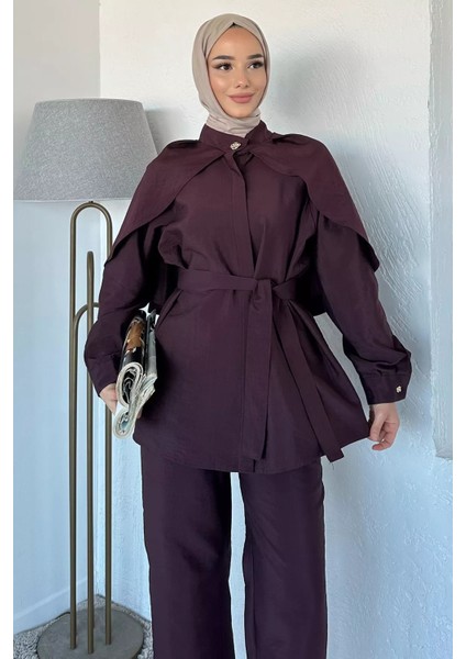 Pelerinli Broş Detaylı Kuşaklı Tunik Bel Lastikli Pantolon Tesettür Ikili Takım P-00018879 fiyatları