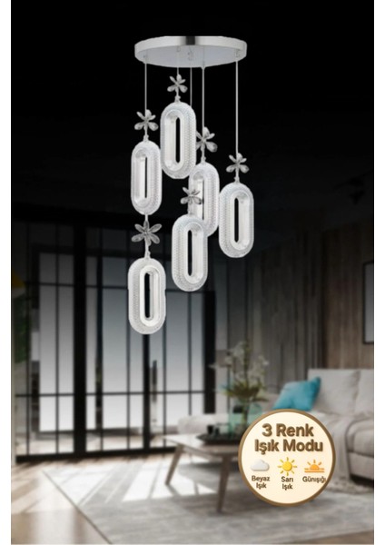 Eclipse Model 6'lı Gümüş 3 Renk Modu Ledli Kristal Taşlı Modern Salon Mutfak Oturma Odası LED Avize