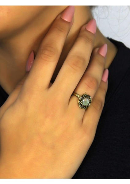 Doğal Taş Labradorit Doğal Taşlı Antik Model Kadın Ayarlanabillir Yüzük EUY77LBT