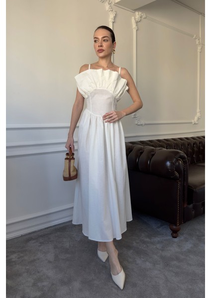 Askılı Fırfırlı Keten Elbise- Ekru