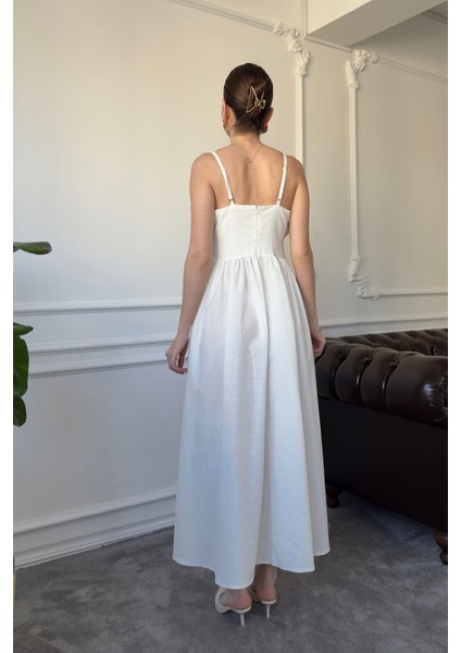 Askılı Fırfırlı Keten Elbise- Ekru