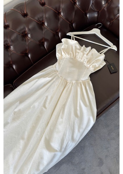 Askılı Fırfırlı Keten Elbise- Ekru