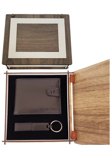 Dekoratif Ahşap Kutulu Deri Cüzdan Anahtarlık Set