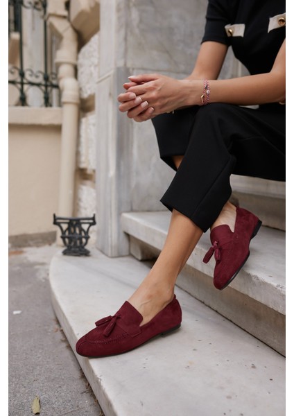 Albares Kadın Bordo Gercek Suet Puskullu Babet