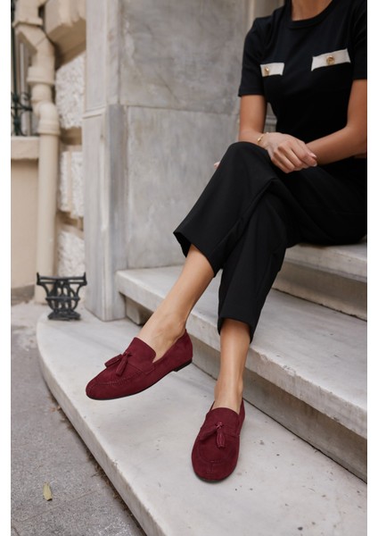 Albares Kadın Bordo Gercek Suet Puskullu Babet fiyatları