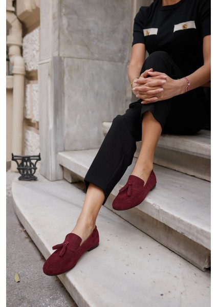 Albares Kadın Bordo Gercek Suet Puskullu Babet modelleri