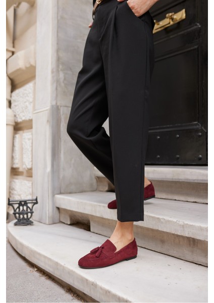 Albares Kadın Bordo Gercek Suet Puskullu Babet