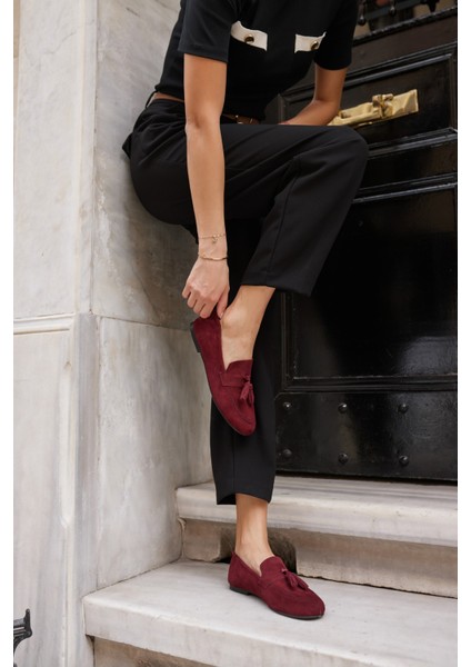 Albares Kadın Bordo Gercek Suet Puskullu Babet