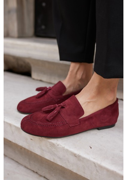 Albares Kadın Bordo Gercek Suet Puskullu Babet