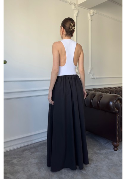 Iki Renkli Askılı Elbise- Ekru