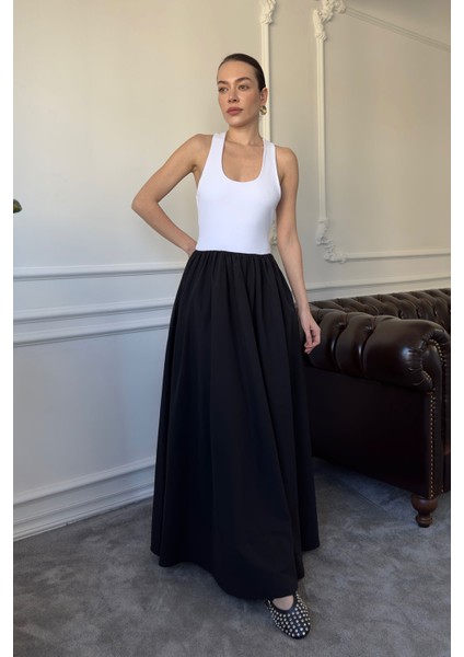 Iki Renkli Askılı Elbise- Ekru