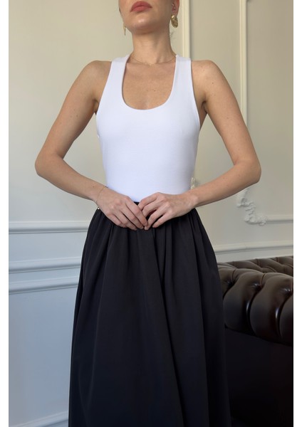 Iki Renkli Askılı Elbise- Ekru