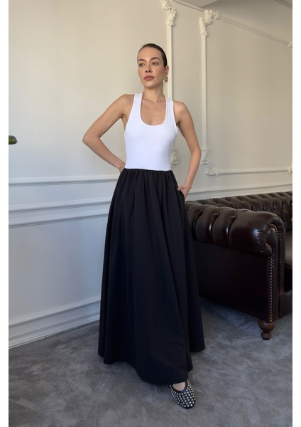 Iki Renkli Askılı Elbise- Ekru