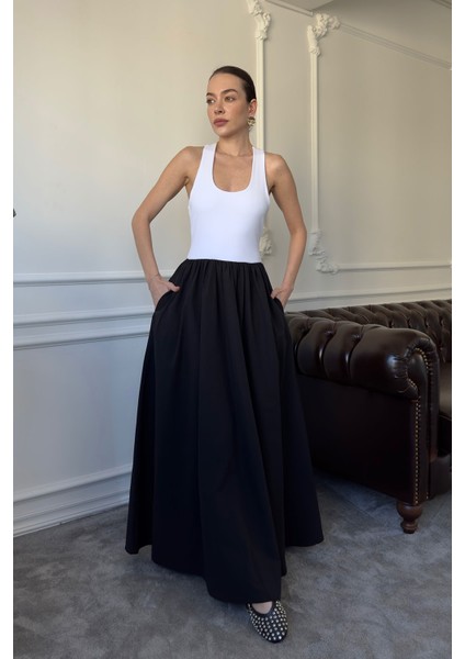 Iki Renkli Askılı Elbise- Ekru