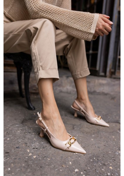 Jerry Kadin Bej Rugan Metal Toka Mini Topuklu Ayakkabi
