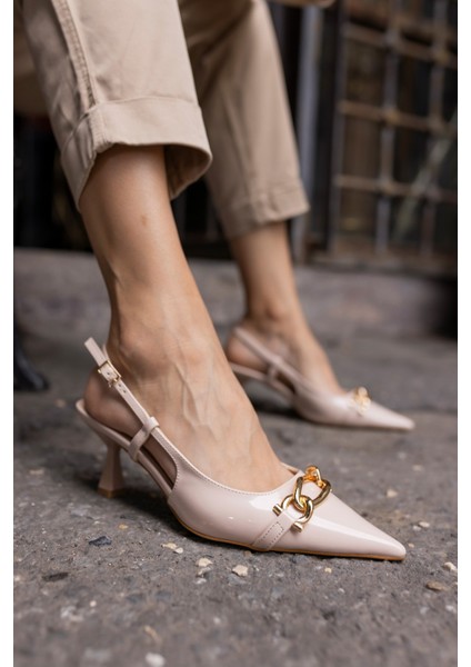 Jerry Kadin Bej Rugan Metal Toka Mini Topuklu Ayakkabi modelleri