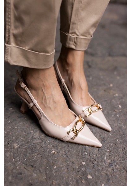 Jerry Kadin Bej Rugan Metal Toka Mini Topuklu Ayakkabi