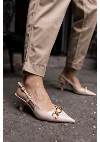 Jerry Kadin Bej Rugan Metal Toka Mini Topuklu Ayakkabi