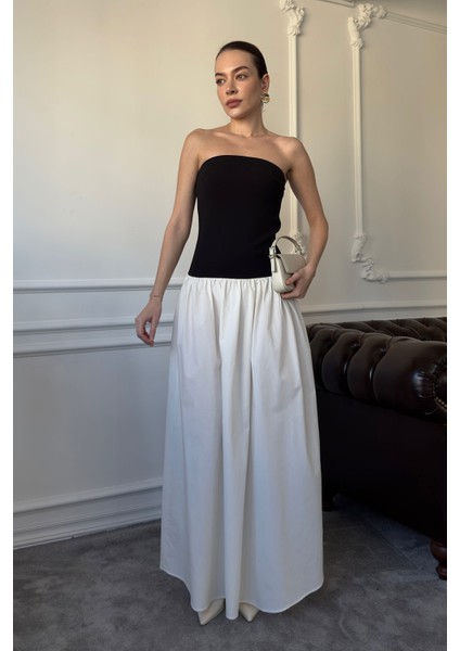 Çift Renkli Tasarım Elbise- Siyah