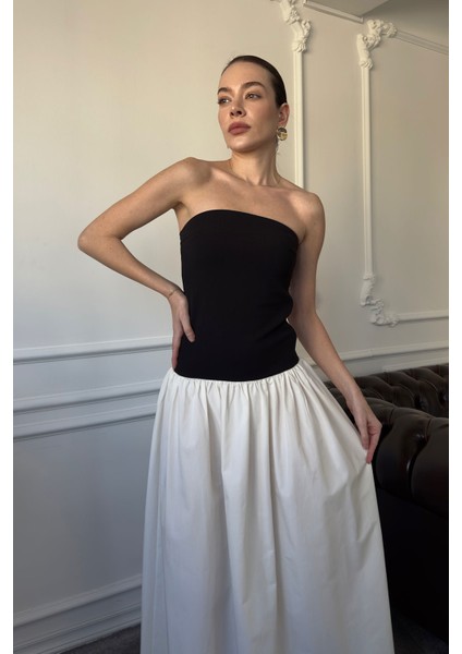 Çift Renkli Tasarım Elbise- Siyah