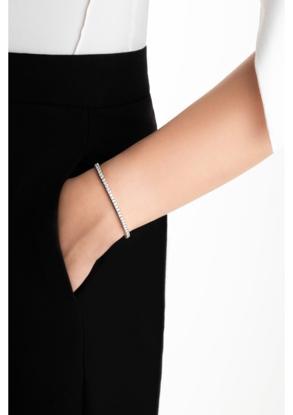 Mozanit Dokunuşu 18 Ayar Beyaz Altın Kaplama 18 cm Gümüş Su Yolu Bileklik fırsatları