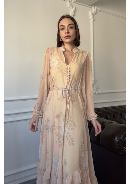 Şifon Düğmeli Uzun Elbise- Sarı