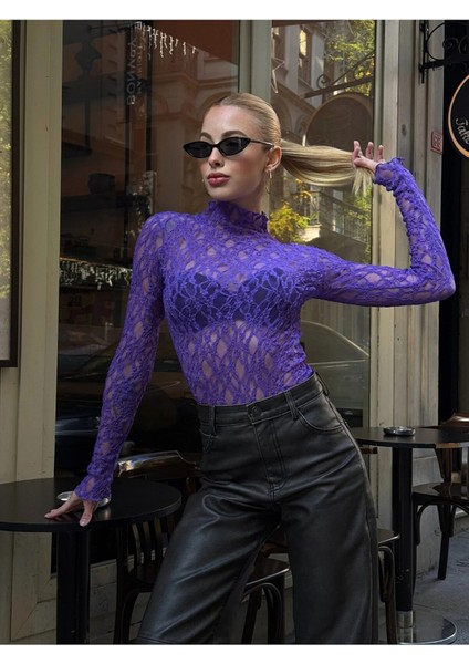 Kadın Yarım Balıkçı Yaka Full Esnek Dantel Bürümcük Spor Şık Tasarım Gece Bluzu