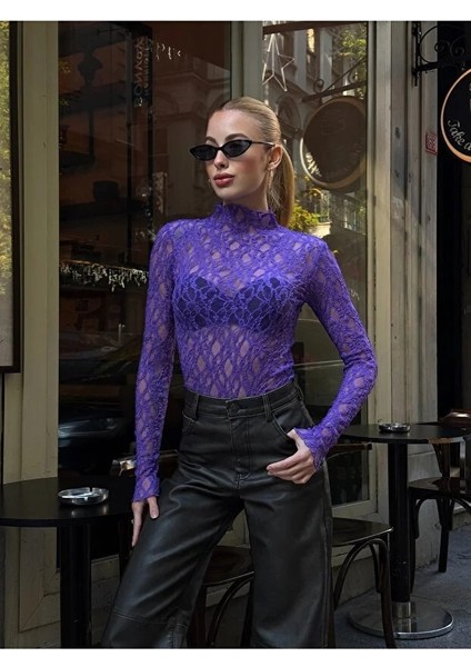 Kadın Yarım Balıkçı Yaka Full Esnek Dantel Bürümcük Spor Şık Tasarım Gece Bluzu fiyatları