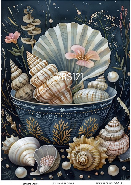 Lacivert Serisi VBS121 Istiridye, Deniz Kabukları, Mavi Desenli 30*42 cm Pirinç Dekopaj