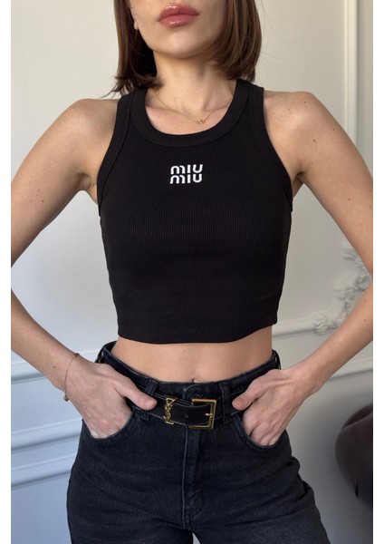 Marka Nakışlı Crop- Siyah