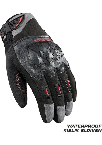 Motosiklet Kışlık Eldiven Waterproof Oxford ve Deri Kumaş Premium Motor Korumalı Eldiveni Kırmızı