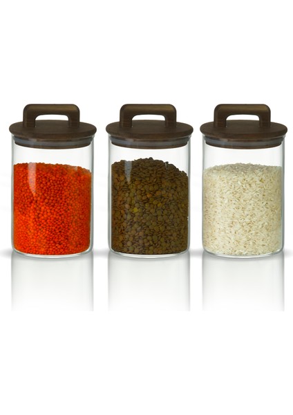 Saplı Akasya Kapaklı 1000ML Yüksek Borosilikat Cam Saklama Kavanozu 3'lü