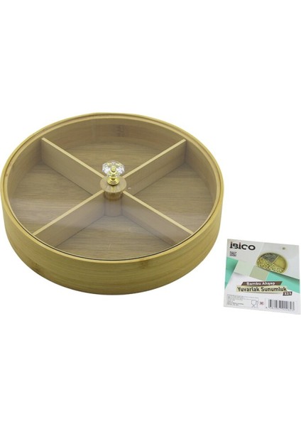 Yuvarlak 4 Bölmeli=2ın1=bölmesiz Çok Amaçlı Kutu Ahşap Bambu Servis Sunum Tepsi - Tahtası 22cm (4915)