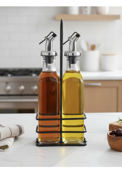 2'li Cam Zeytinyağlık & Sirkelik Seti – Metal Standlı, Şık Tasarım (250ML) Yağlık - Yağdanlık
