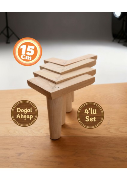 1.sınıf Gürgen Ağacı 15 cm Koltuk Baza Tv Ünitesi Yükseltme Ayakları 4'lü Set