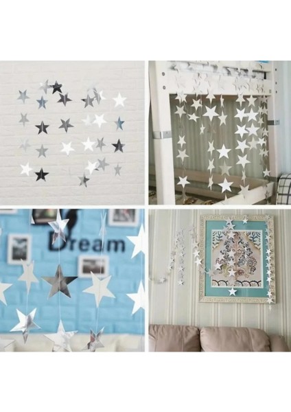 Yıldız Gümüş Altın Süs Ipe Dizili 4 Metre Uzayan Parti Ramazan Bayramı Süsü Arka Fon Dekor