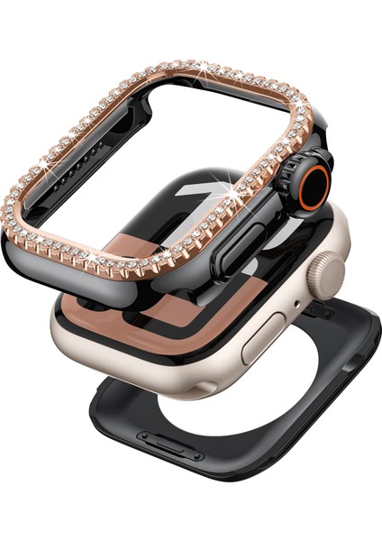 Apple Watch Se (2023)/SE (2022)/SE/6/5/4 44 mm Yapay Elmas Dekorlu Içi Boş Pc Çerçeve Kapağı - Siyah + Gül Altın Kadranlı Saat Kılıfı (Yurt Dışından)