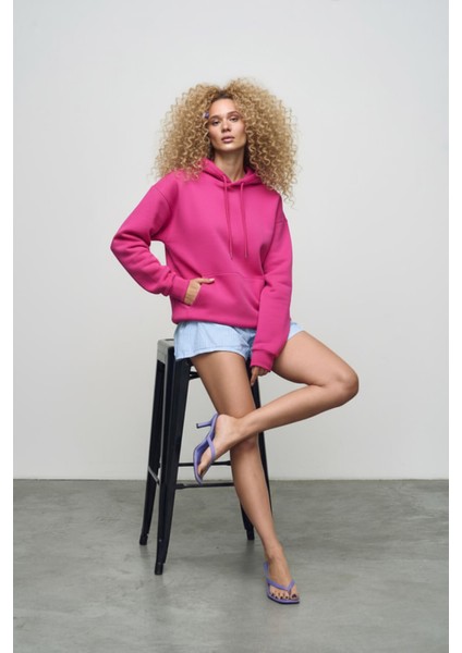 Kadın Kapüşonlu Cepli Fuşya Polar Sweatshirt