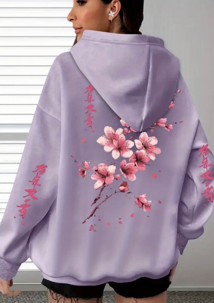 Büyük Beden Özel Tasarım Kapüşonlu Şakura Sırt Baskılı Japon Stil Kadın Sweatshırt