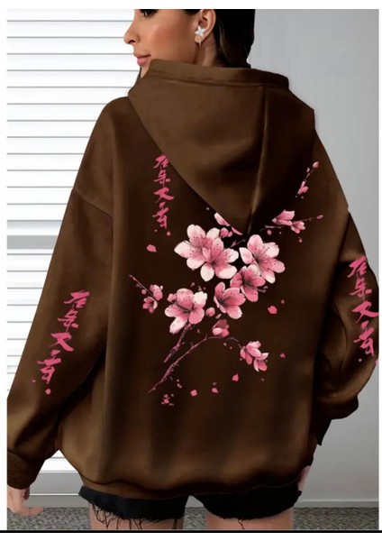 Büyük Beden Özel Tasarım Kapüşonlu Şakura Sırt Baskılı Japon Stil Kadın Sweatshırt