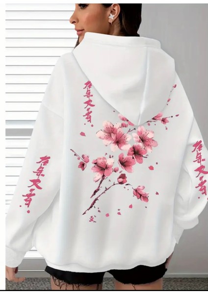 Büyük Beden Özel Tasarım Kapüşonlu Şakura Sırt Baskılı Japon Stil Kadın Sweatshırt