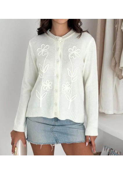 Kabartma Detaylı Çiçek Desenli Uzun Kollu Triko Hırka modelleri