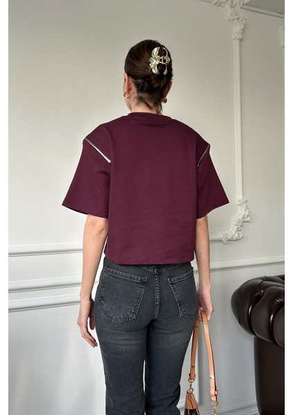 Fermuarlı Vatkalı Tshirt- Bordo