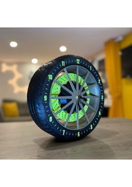 Turbo Zamanlayıcı 3D Baskı Spor Araba Lastik ve Fren Diskli Masa Saati (20X20 Cm)