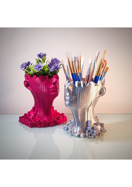 Futuristik 3D Baskı Gümüş Gri Insan Başlık Vazo (13 Cm)