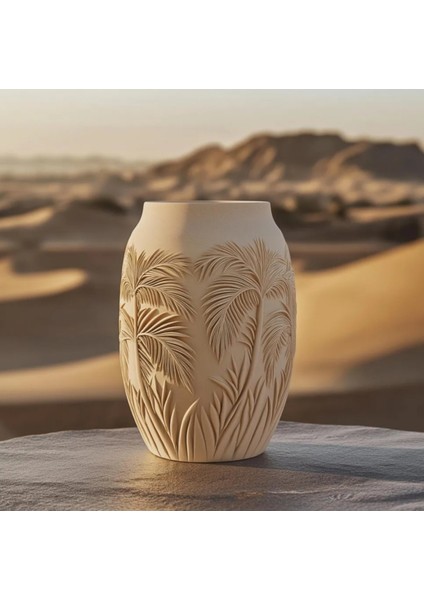Tropikal Palm Desenli Pla Vazo - Çöl Esintisi Dekor 20 cm 3D Yazıcı ile Üretilmiş